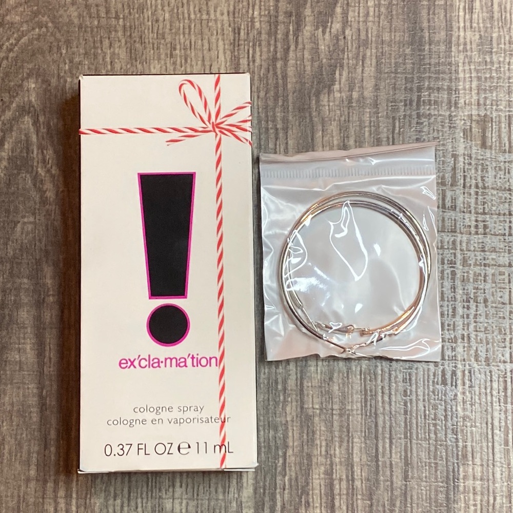Exclamation Cologne Spray & Silver Tone Hoop Earrings